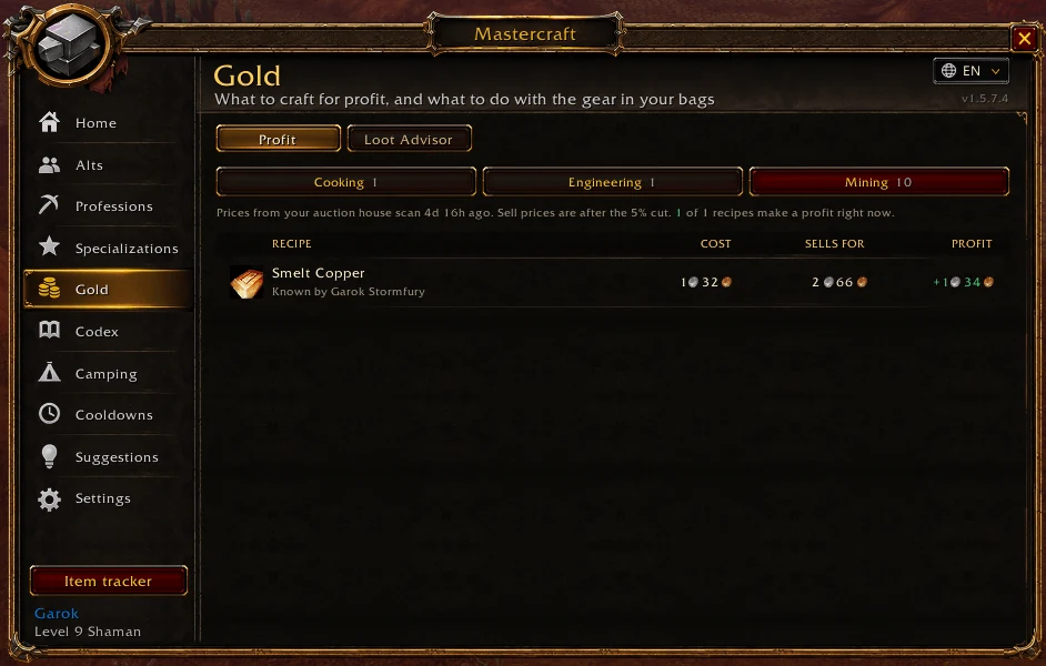 Вкладка Gold → Profit: себестоимость, цена продажи после комиссии и прибыль по рецепту